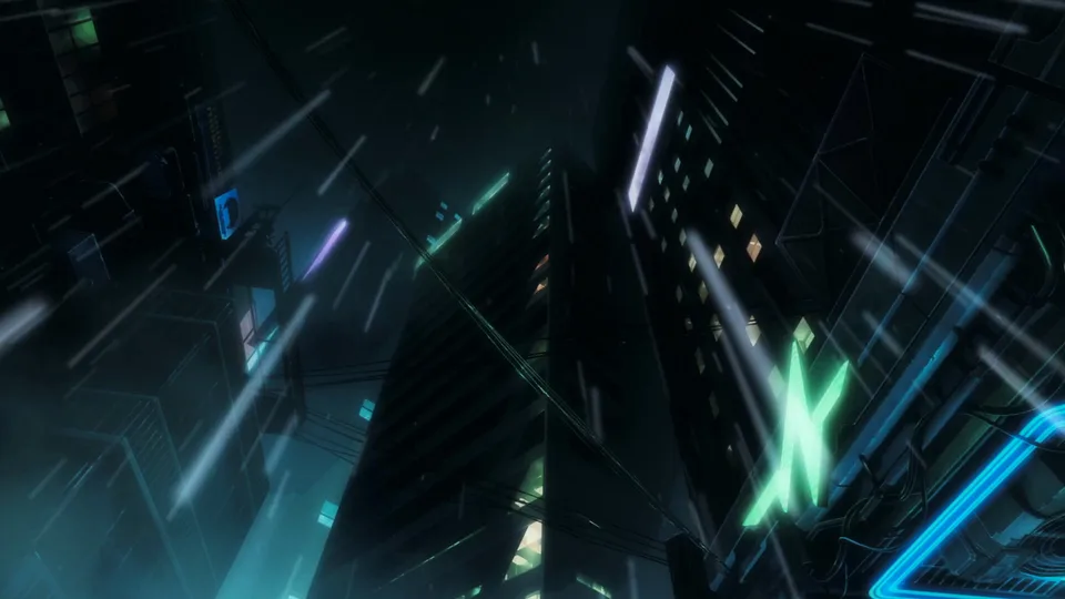 Dark Night City skyline from the official Cyberpunk: Edgerunners 2 artwork