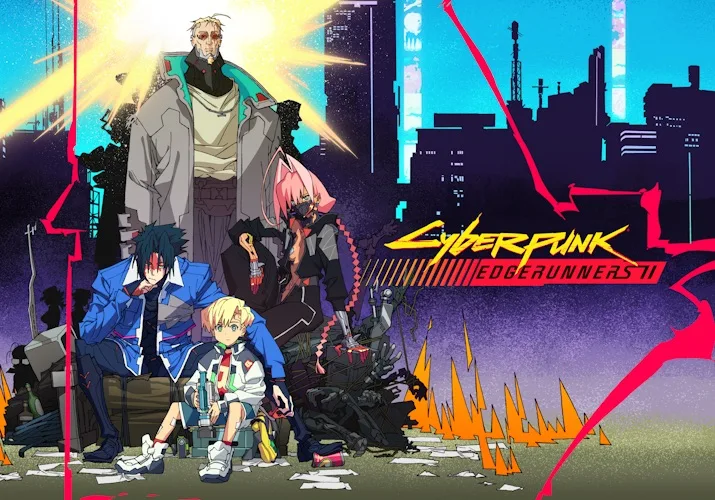 Official key visual of the Cyberpunk: Edgerunners 2 crew in Night City